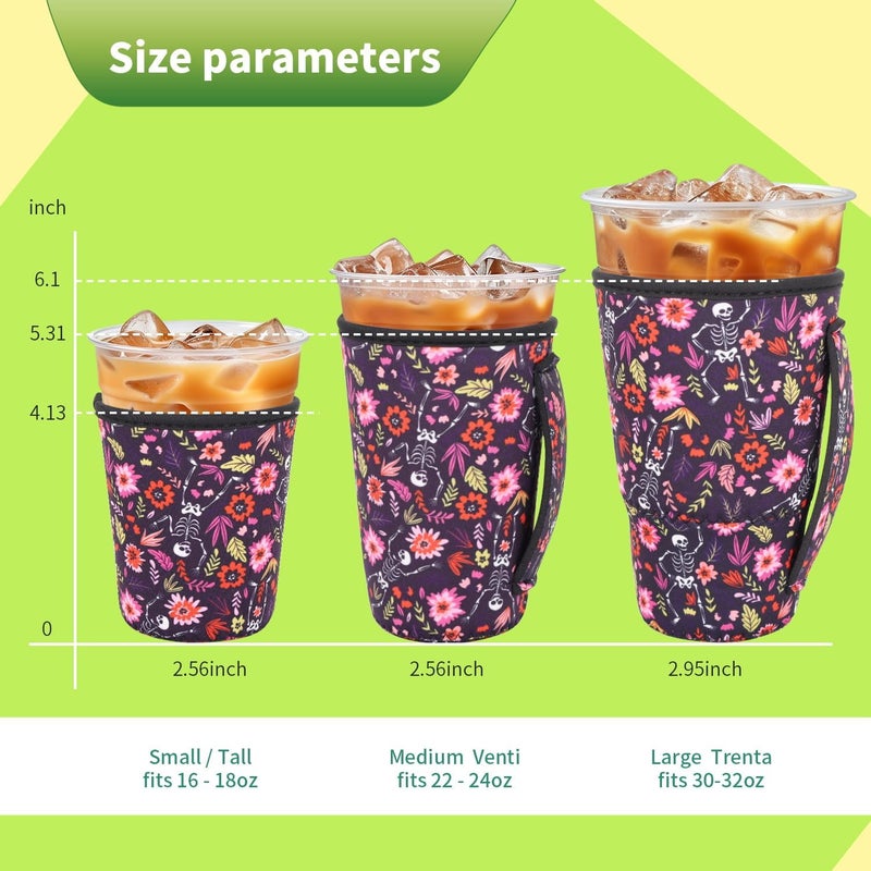 Snowso 3 Pack Iced Coffee sleeve Insulated Neoprene Cup Sleeves with handle For Cold Drinks Beverages, Reusable Cup Holder for 16oz-32oz Coffee Cups (Skeletons Floral) - Image 2